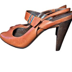 Cole Haan NikeAir Brown Leather Peep-Toe Wedge Heel Mary Janes